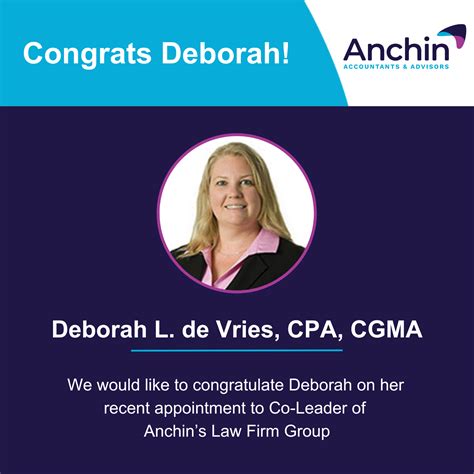 Deborah L De Vries Named Co Leader Of Anchins Law Firm Group Anchin