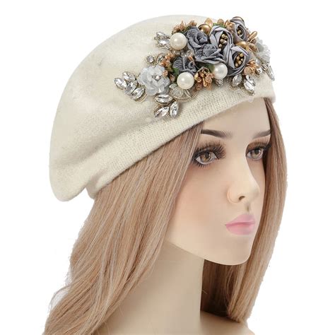 Elegant Pearls Rhinestone Berets For Women Warm Winter Hats Skullies