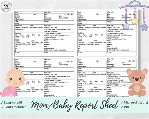 The Ultimate Mom & Baby Nurse Brain Report Sheet, 4 Mom and 4 Babies, Postpartum, Microsoft Word ...