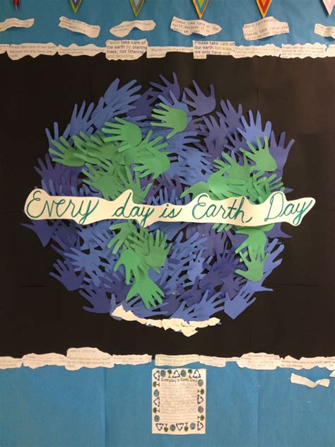 Earth Day Bulletin Board Made Of Student Traced Hands And Surrounded By