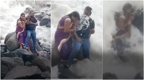 Viral Video Woman Swept Away By Giant Wave At Bandra Bandstand Viral