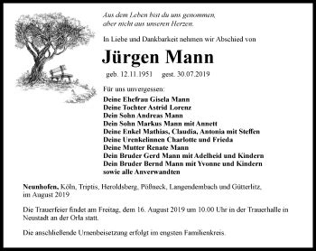 Traueranzeigen von Jürgen Mann trauer in thueringen de