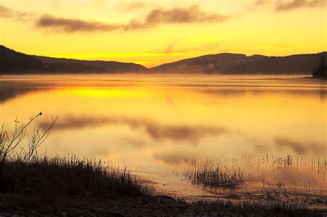 Fog And Mist Over The Lake Landscape At Sunset Image Free Stock Photo