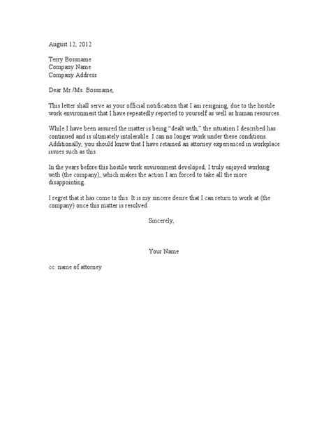 Hostile Environment Resignation Letter 1 Pdf