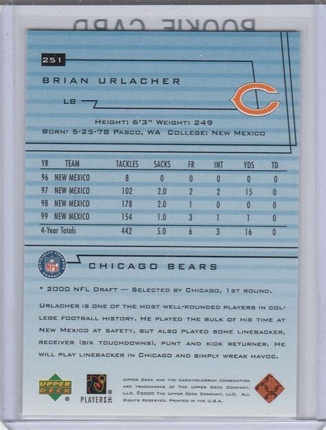 BRIAN URLACHER ROOKIE CARD 2000 Upper Deck Football STAR RC Chicago