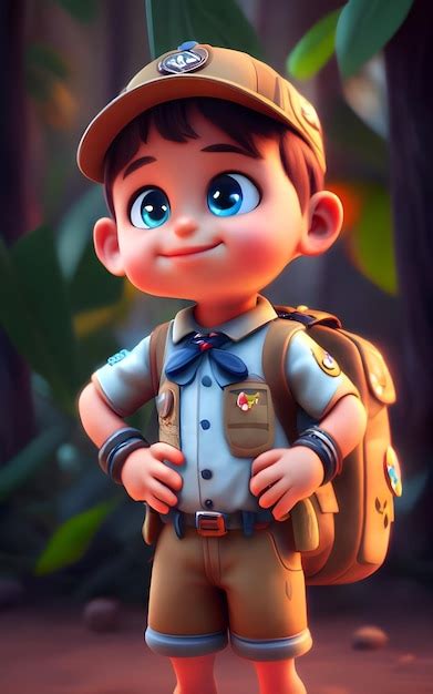 Un lindo niño explorador de dibujos animados con una mochila Foto