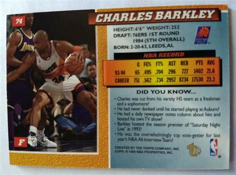 CHARLES BARKLEY 1994 95 TOPPS TMB EMBOSSED CARD 74 SUNS EBay