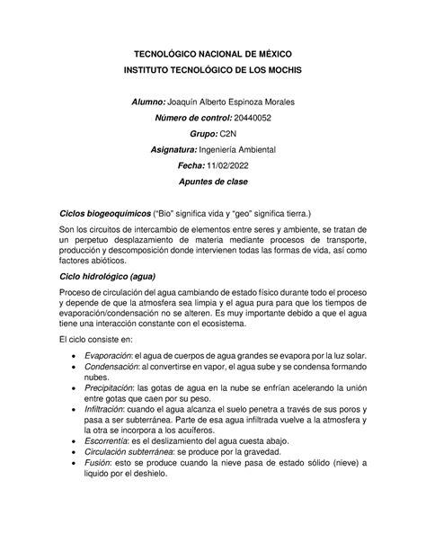 Apuntes 3 ciclos biogeoquímicos parte 1 TECNOLÓGICO NACIONAL DE