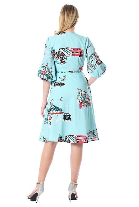 Shop Ruched Bell Sleeve Landscape Print Crepe Wrap Dress Eshakti