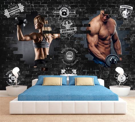 Gym Club Wallpaper Sport Mural Brick Wall Decal Weightlifter Print