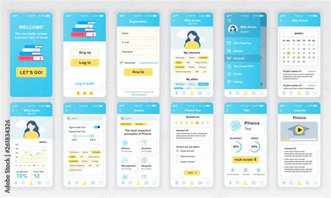 Set Of UI UX GUI Screens Education App Flat Design Template For