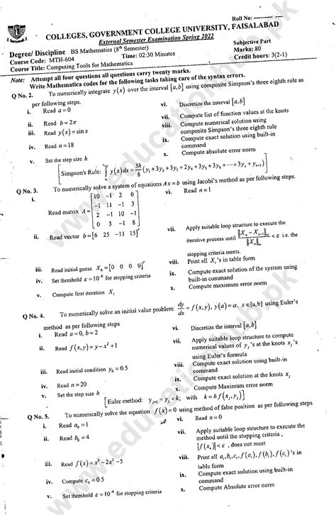 Mth Computing Tools For Mathematics Bs Math Gcuf Past Paper Spring