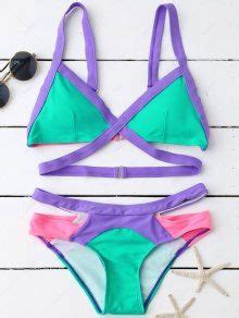 Off Strappy Color Block Banded Bikini Set In Blue Green Zaful