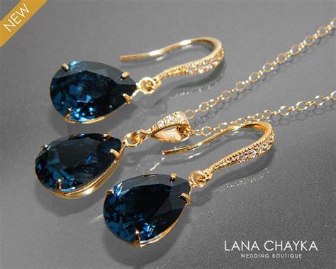 Navy Blue Gold Jewelry Set Dark Blue Earringsandnecklace Bridal Set