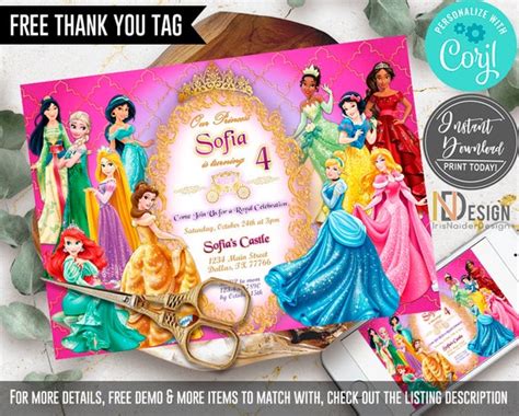 Editable Disney Princess Invitation Free Thank You Tag Birthday