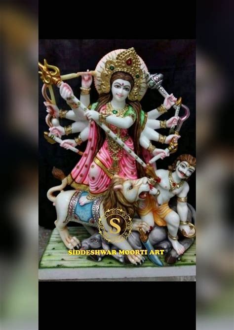 Painted Hindu Multicolor Marble Mahishasura Mardini Maa Statue In