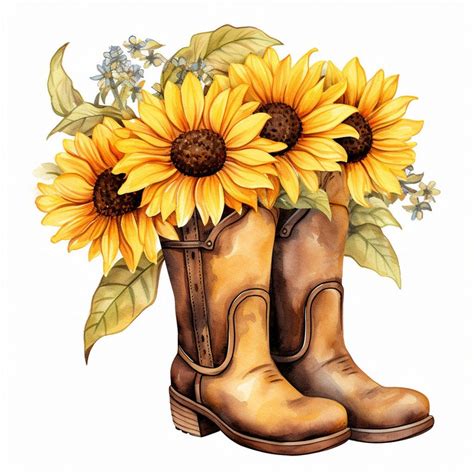 Watercolor Cowgirl Boots Sunflower Png Commercial Use Clip Art