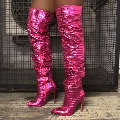 Clermont Twins Baddie Hot Pink Metallic Faux Croc Print Thigh High Boots