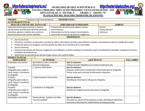 Planeación del mes de febrero del primer grado del segundo trimestre