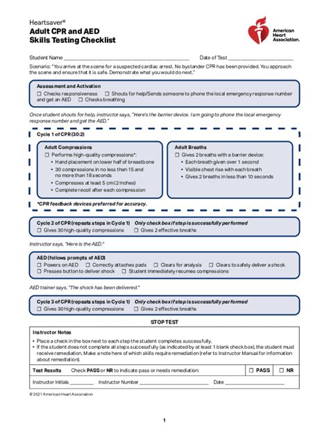 Fillable Online Heartsaver Adult Cpr And Aed Skills Testing Checklist