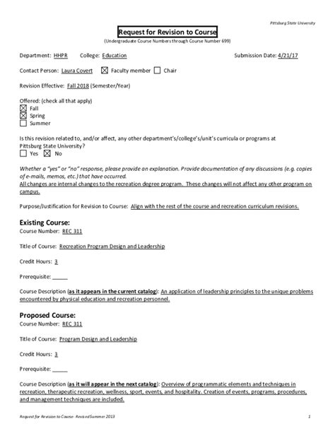 Fillable Online Request For Revision To Course Template Pittstate Edu