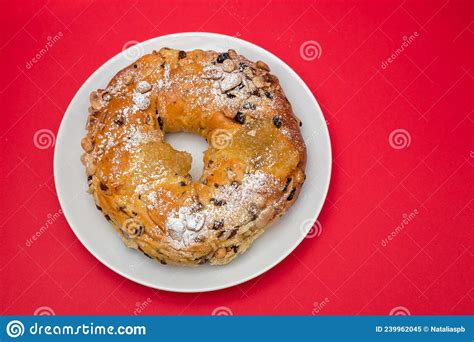 Typical Portuguese Fruit Cake Bolo Rainha On White Dish Stock Image