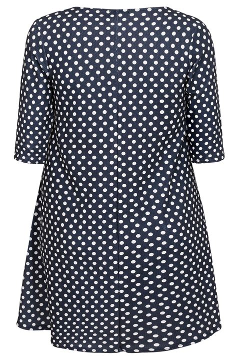 Navy And White Polka Dot Print Textured Swing Dress With Half Sleeves