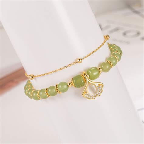 Bracelet Jade Feuille Ginkgo Argent Plaqué Or Moment Ici