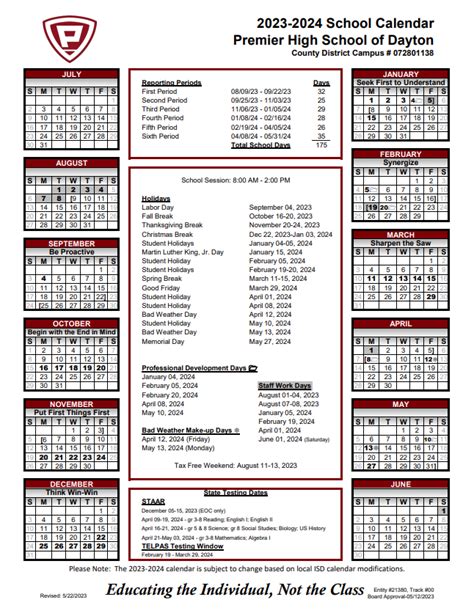 2023 2024 School Calendar Premier High School Dayton