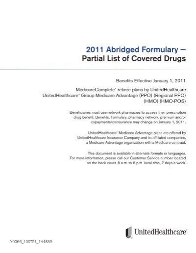 UHC Abridged Formulary Partial List Of Covered Drugs