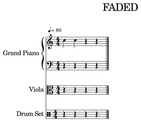 FADED - Sheet music for Piano, Viola, Drum Set