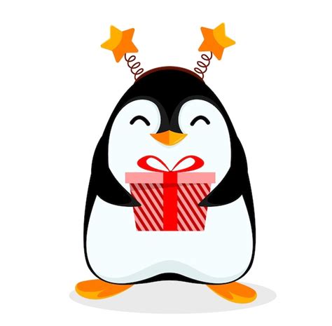 Le Petit Pingouin Mignon Tient La Bo Te Cadeau Vecteur Premium