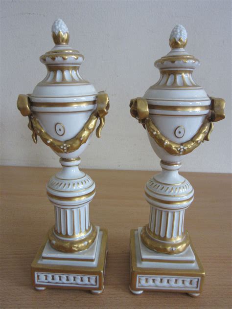 Pair 19thC Antique Capodimonte porcelain urns on pedestals w/ gold