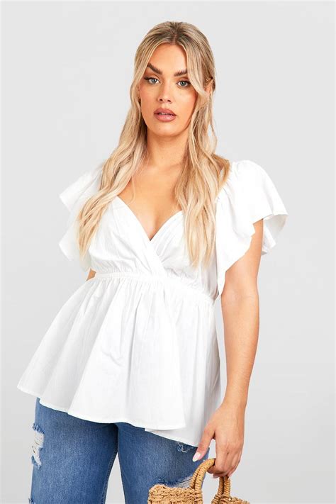 Womens White Plus Cotton Poplin Ruffle Sleeve Smock Top Boohoo Uk