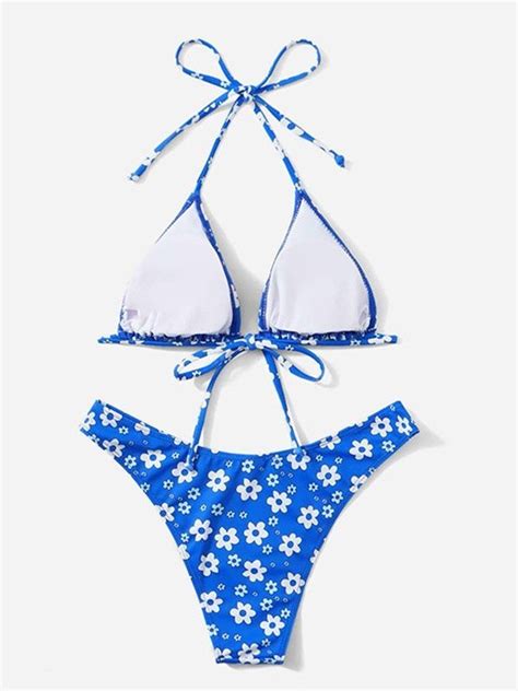 Emmiol Free Shipping Allover Floral Halter Bikini Set Blue M In