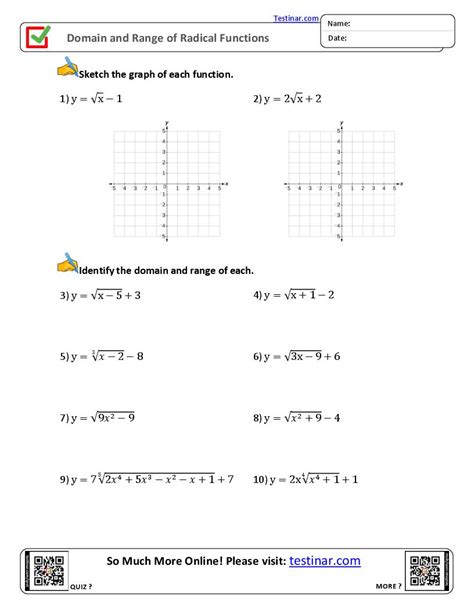 Domain And Range Of Radical Functions Worksheets