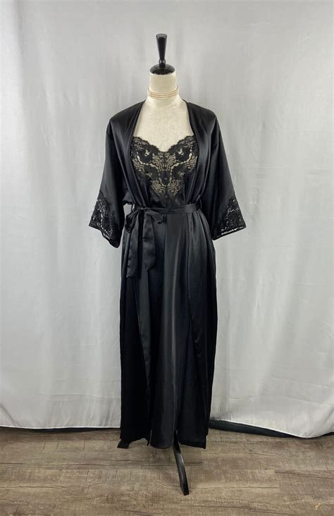 Vintage Black Long Nightgown Matching Full Length Peignoir And Black