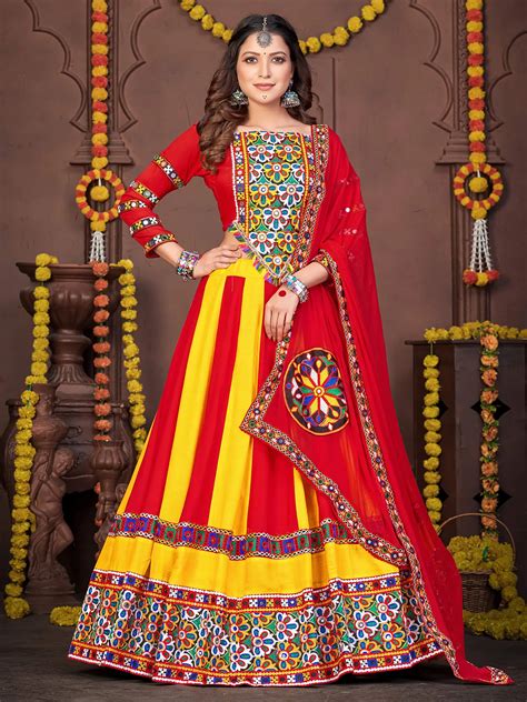 Red Yellow Rayon Floral Pattern Embroidered Navratri Chaniya Choli With