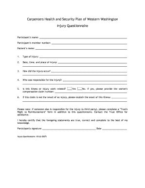 Fillable Online Ctww Injury Questionnaire Carpenters Trusts Of