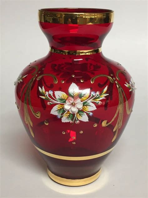 Vintage Ruby Red Glass Vase With Hand Painted Flowers Gold Trim 5 Hand Painted Flowers Red