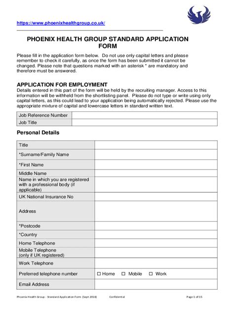 Fillable Online Phoenix Standard Applic Form Application Form For