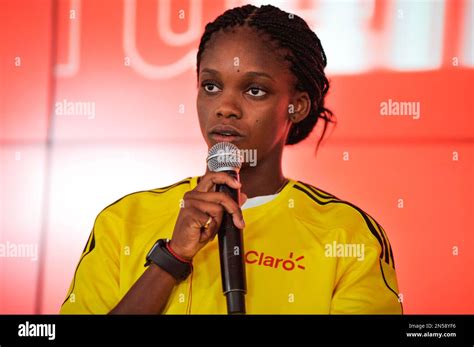 Colombia's football player Linda Caicedo speaks during a press ...