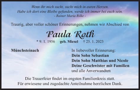 Traueranzeigen Von Paula Roth Trauer Flz De