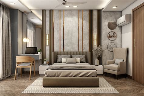 Spacious Master Bedroom Design With Grey Accent Wall And Panelling