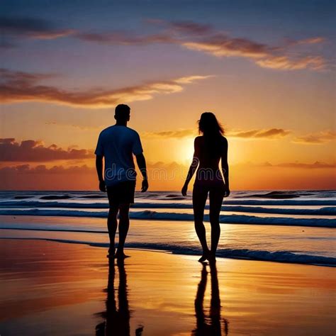 Silhouette of a Young Couple on the Beach at Sunset. Stock Image ...