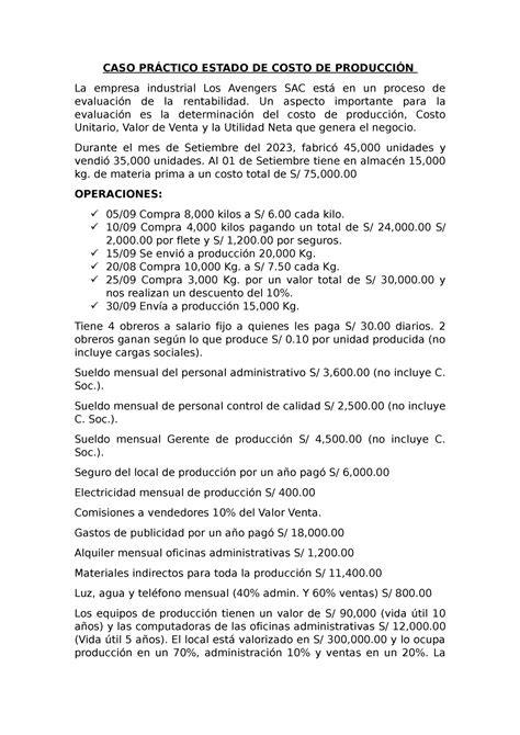 CASO Práctico Estado DE Costo DE Producción CASO PRÁCTICO ESTADO DE