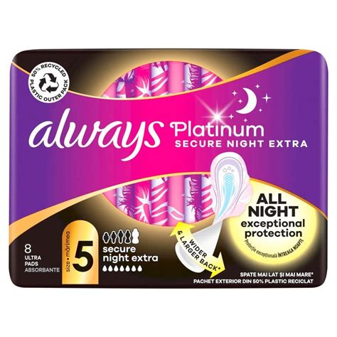 Always Platinum Podpaski ze skrzydełkami Secure Night Extra 8 sztuk