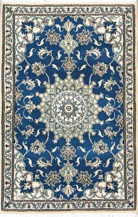 3x4 Blue Hand Knotted Persian Rug Nain Wool