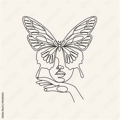 Female Head With Butterfly Line Art Hand Drawn Vector Linear