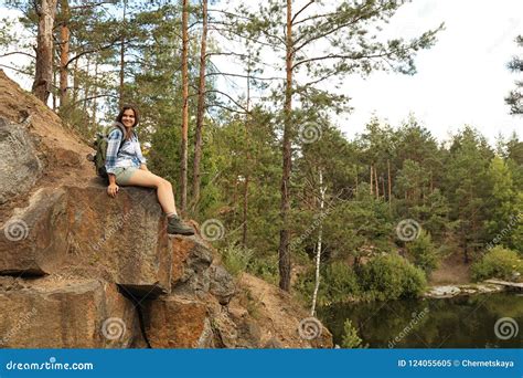 Young Woman On Rocky Mountain Near Forest Stock Image Image Of